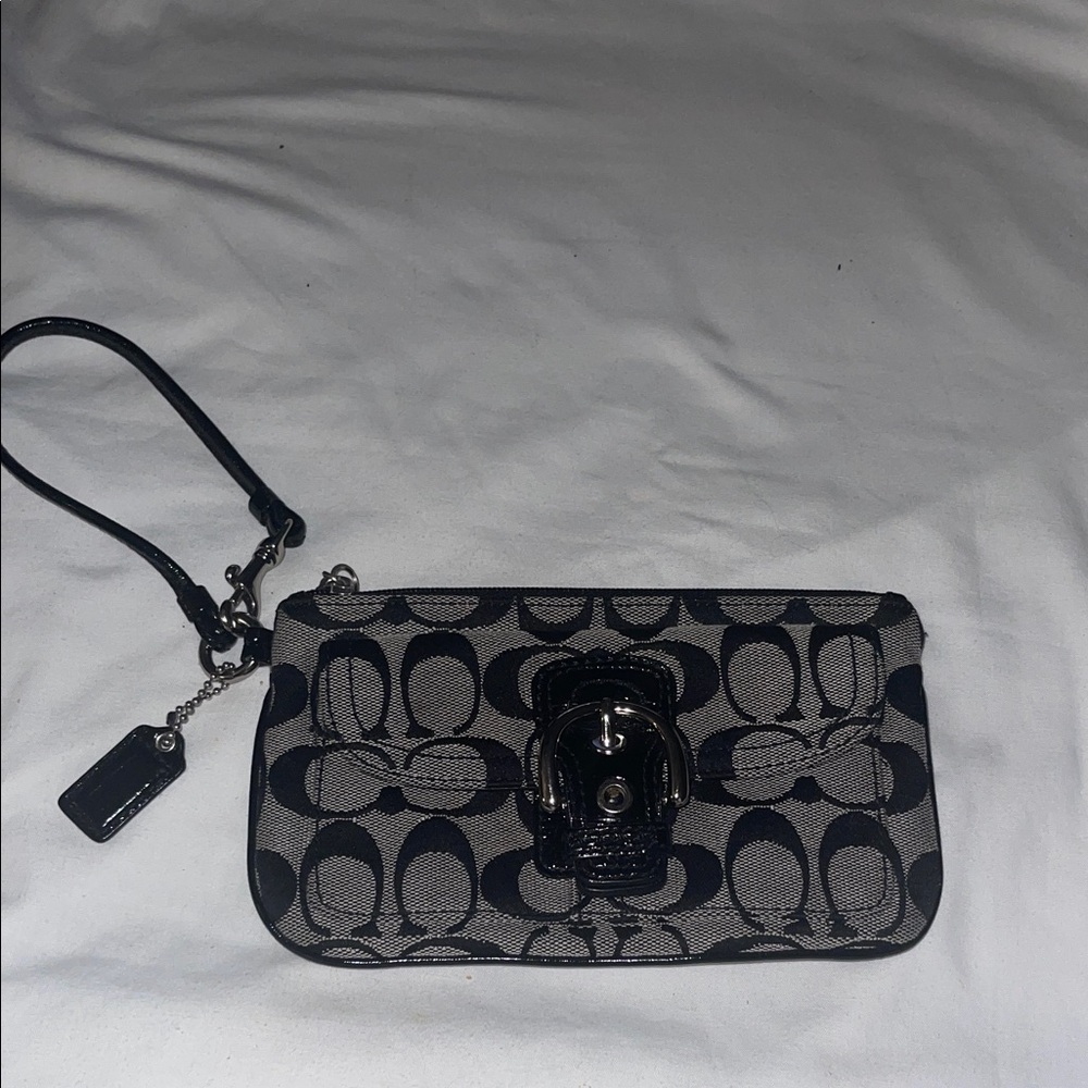 Coach Signature Logo Jacaranda Black/Grey Cotton Leather Silver Buckle Wristlet
